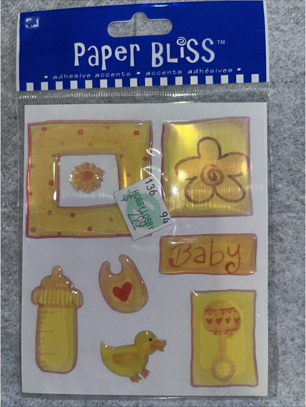 Westrim Paper Bliss Epoxy Stickers Baby Girl Flower Bottle Duck Bib 8 Pieces